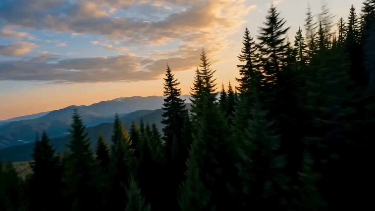 A forested ridge at sunset, the light low over a range of valleys