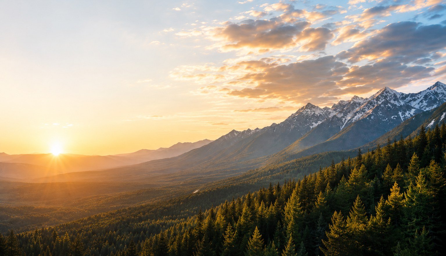 A forested valley at sunset, the light low behind a snow-capped range